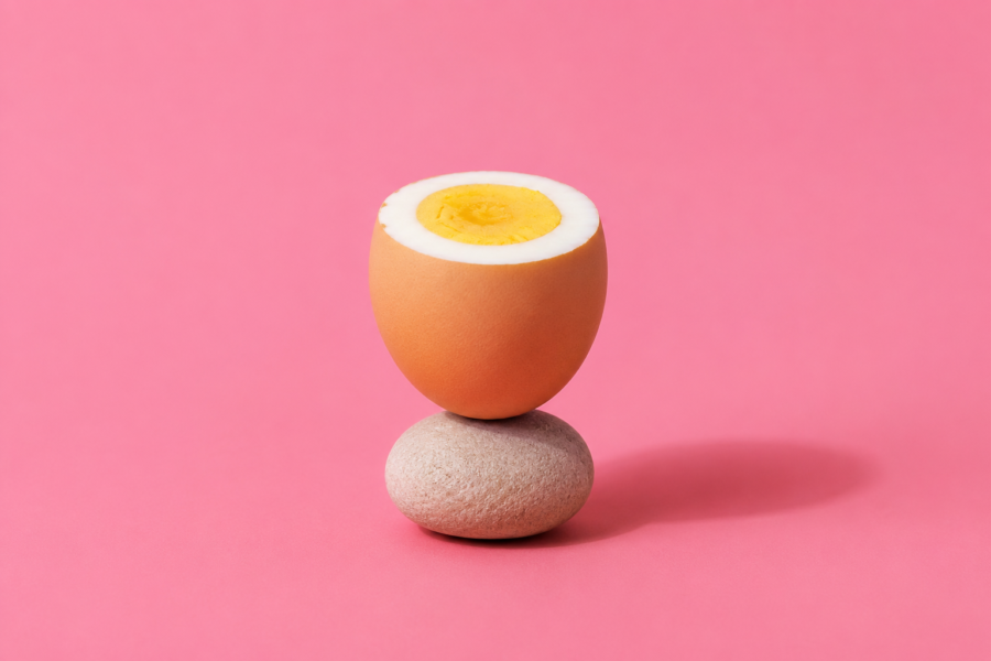 Boiled egg balanced on a stone against a pink background representing protein and healthy ageing