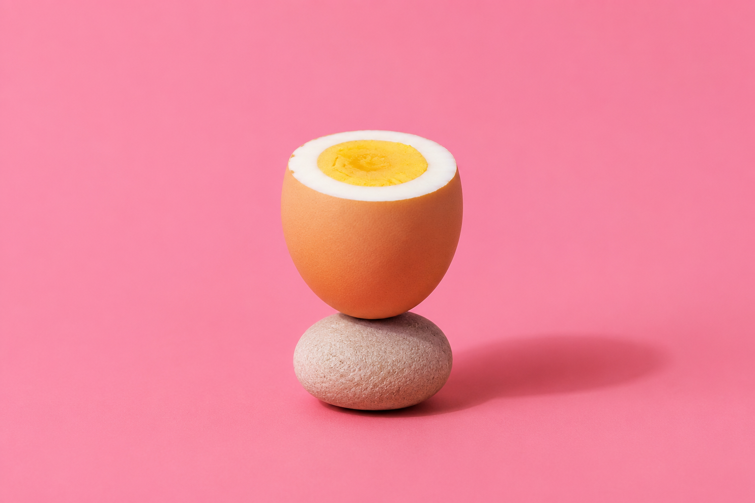 Boiled egg balanced on a stone against a pink background representing protein and healthy ageing